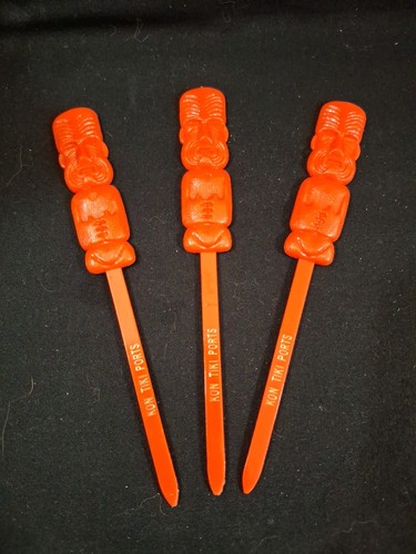 3 Vintage Red KON TIKI PORTS Hawaiian Drinks Sticks Hard Plastic 6" L USA