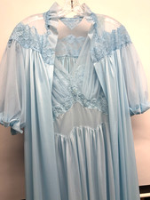 Vintage Nightgown Robe Peignoir Set Vanity Fair 36 Blue Nylon Sheer Maxi Long