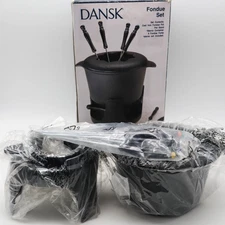 Dansk Heavy Cast Iron Fondue Set Pot, Stand, 6 Forks, Original Box Never Used