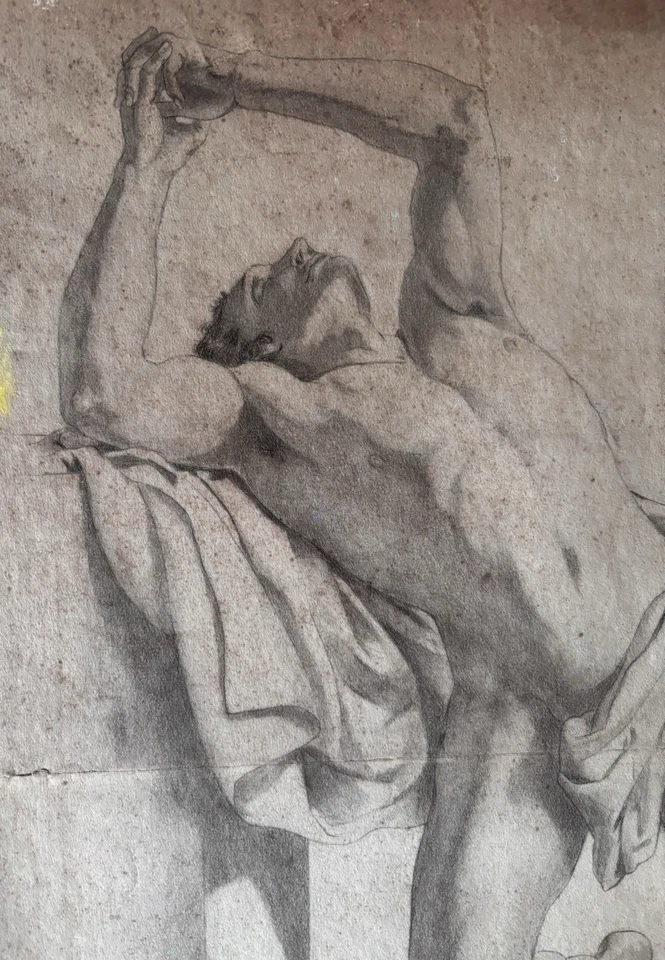 Dessin Ancien Au Crayon Homme Nu Regardant En L’air Ses Mains En Prière - Photo 3/4