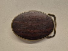 Exotic Brown Wood on Solid Brass Vintage 1970's BTS Belt Buckle, 1.25 Wide Belt
