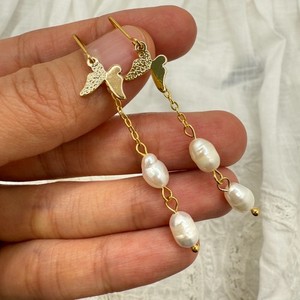Authentic Natural Freshwater Pearl Earrings Bridal 14K Gold Plated Chain Butterfly Jewelry