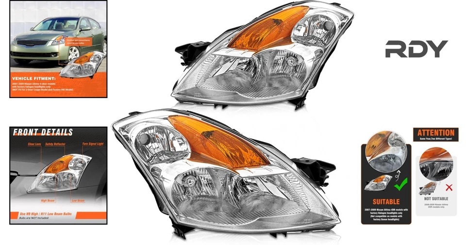 Waterproof Headlight Assembly for 2007-2009 Nissan Altima - Plug-and-Play Design Foto 2 de 4