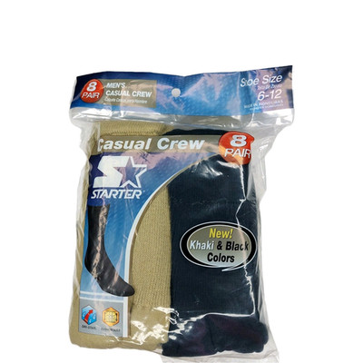 Starter Men's Crew Socks 8 Pair: 4 Black & 4 Khaki Reinforced Shoe Size 6-12 NEW