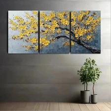 3pcs Painting Of Tree With Yellow Flowers Wall Art Canvas Framed 50x70cm