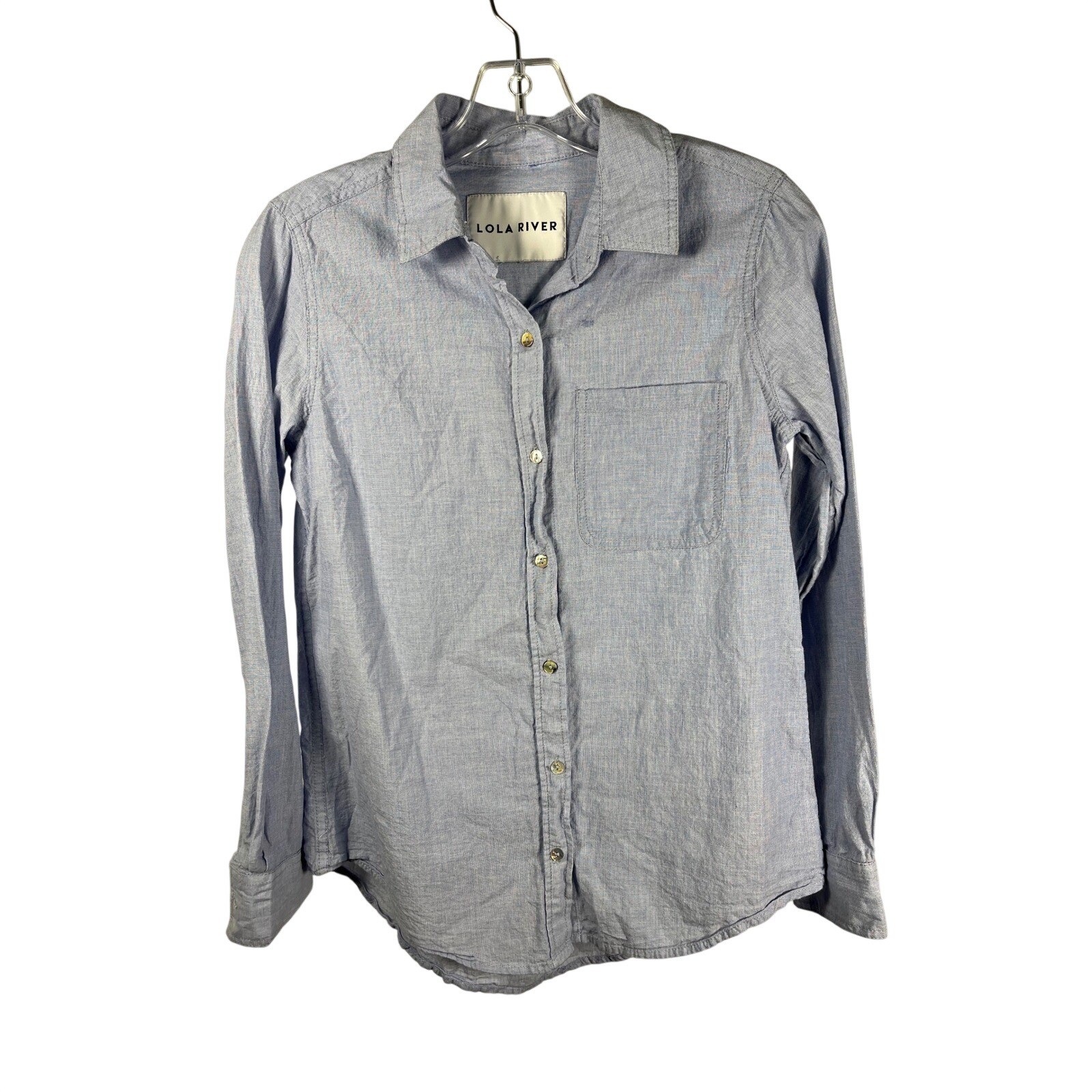 LOLA RIVER Light Blue Chambray Button Up Shirt Long Sleeve Casual Top Womens