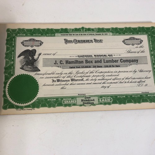1933 Stock Certificate Book J.C. Hamilton Box & Lumber Company, California 45+ - Bild 3 von 5