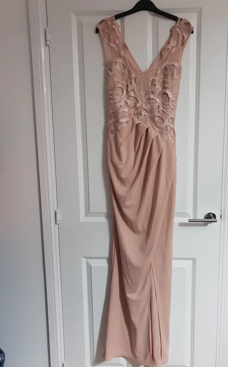 LIPSY MICHELLE KEEGAN NUDE PINK STUNNING EMBELLISHED SPARKLY SEQUIN MAXI DRESS