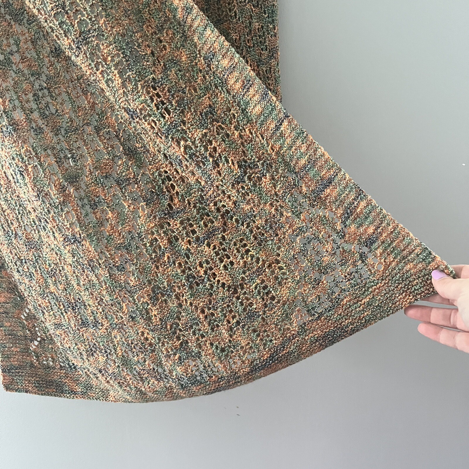 Knit Scarf Green Orange Rectangular - image 1