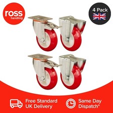 Set of 4 100mm Polyurethane Wheels Castors Plate Fitting Casters Heavy Duty UK