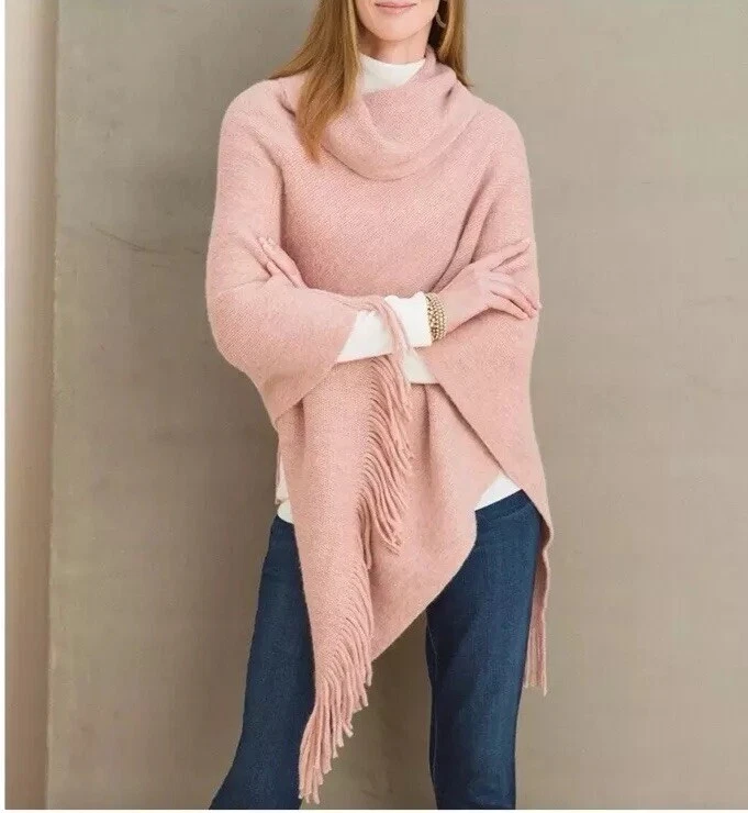Chico’s Cozy Stripe Cowl Neck Poncho One Size Mellow Rose Pink Soft NEW NWT