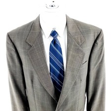 Oscar De La Renta Wool 2 Button Blazer 42L Beige Plaid Green Blue Windowpane