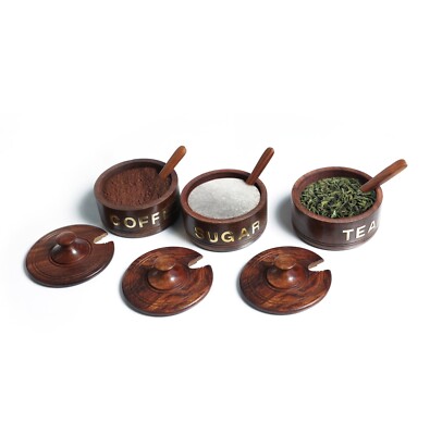 3 Stück Holz Küche Aufbewahrung Dosen Kanister Set Deckel Tee Kaffee Zucker Brot Behälter Glas