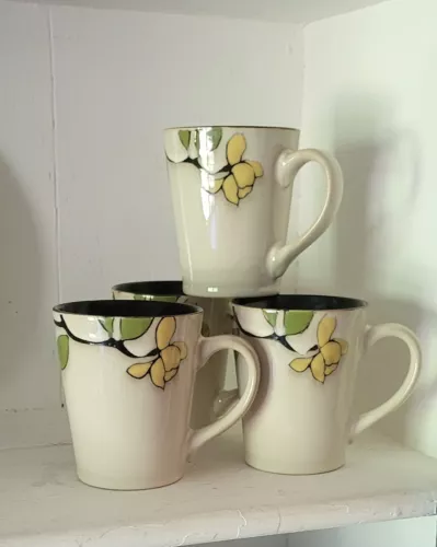 Vintage Mikasa Emory Gourmet Basics Stoneware Coffee Cup Mugs Floral Set of 4