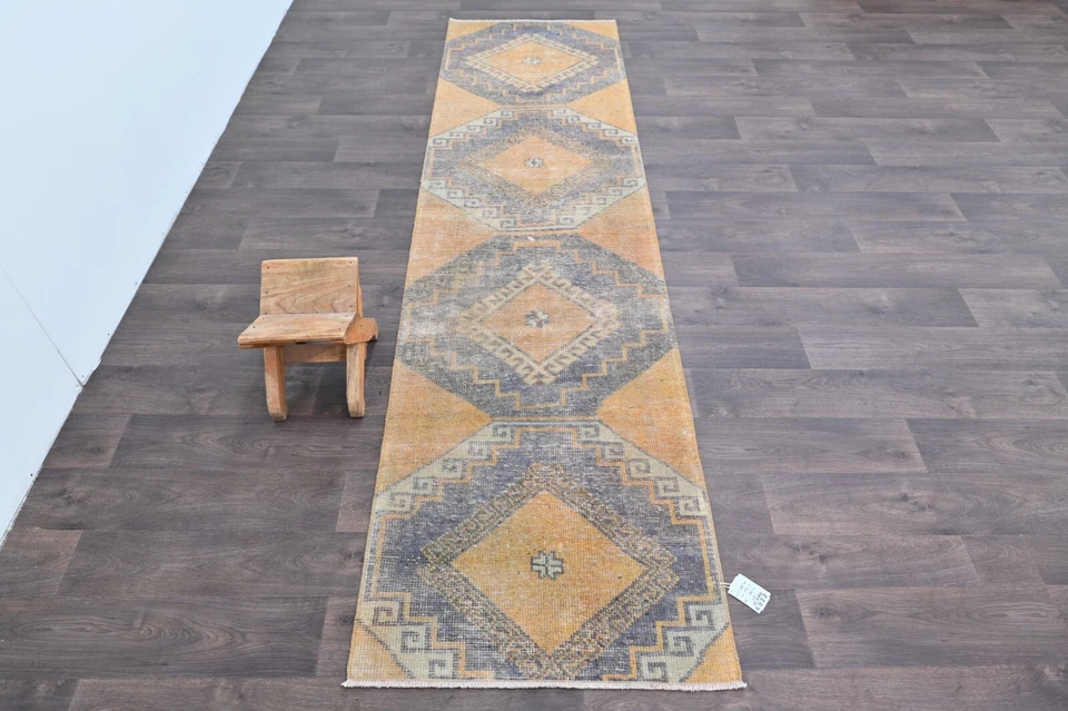 Vintage Turkish Runner Rug 3x10ft Wool Anatolian Handmade Hallway Oushak ORANGE - Image 2 of 4