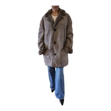 Vintage Shearling Mantel Damen 80s Leder Jacke Lammfell Grau Oversize 40L 42XL