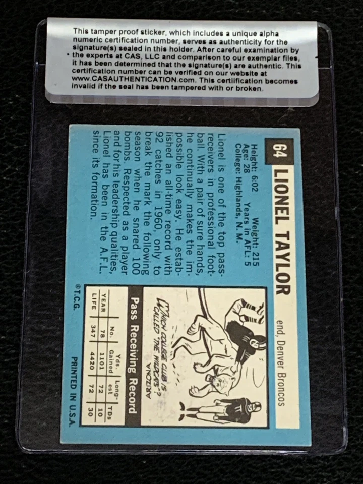 LIONEL TAYLOR 1964 TOPPS SIGNED AUTOGRAPHED CARD #64 BRONCOS CAS AUTHENTIC - Image 2 of 2