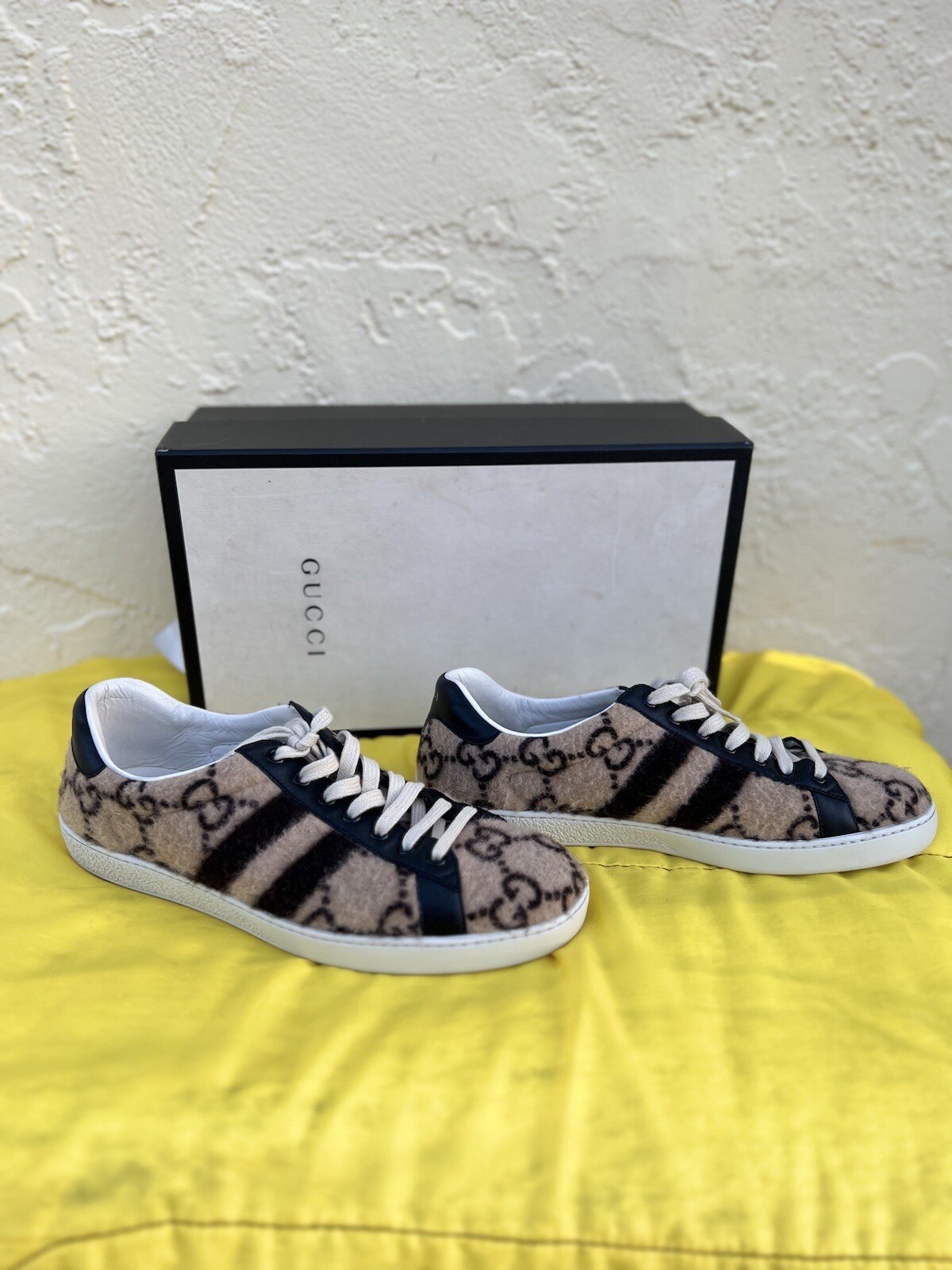 Gucci GG Beige Wool Ace Sneakers Size 9-9.5 US