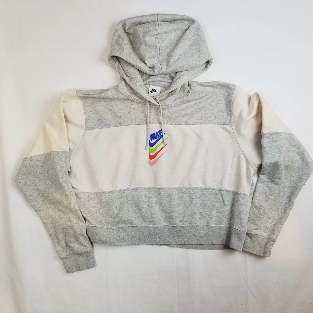 Nike NSW DNA Stacked Multicolor Swoosh Cropped Hoodie Gray White Womens XL EUC