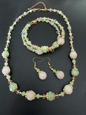 Pastel Mint and Rose Quartz Beaded Jewelry Set Necklace Bracelet Earrings
