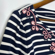 Talbots Black White Stripe Dress M Embroidered Boho Classic 3/4 Sleeve