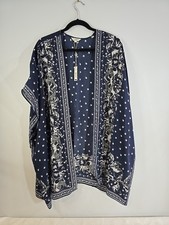 NWT Max Studio Womens Floral Open Front White Blue Green Kimono Cardigan Size L