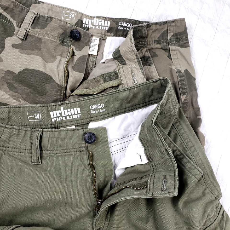 LOTE de 2 ~ Pantalones Cortos Carga Urban Pipeline Para Hombres 34x12 Hasta la Rodilla 22" Largo Verde + Camuflaje Foto 3 de 4
