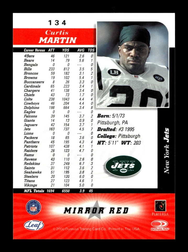 2000 Leaf Certified Mirror Red #134 Curtis Martin JETS - Image 2 of 2