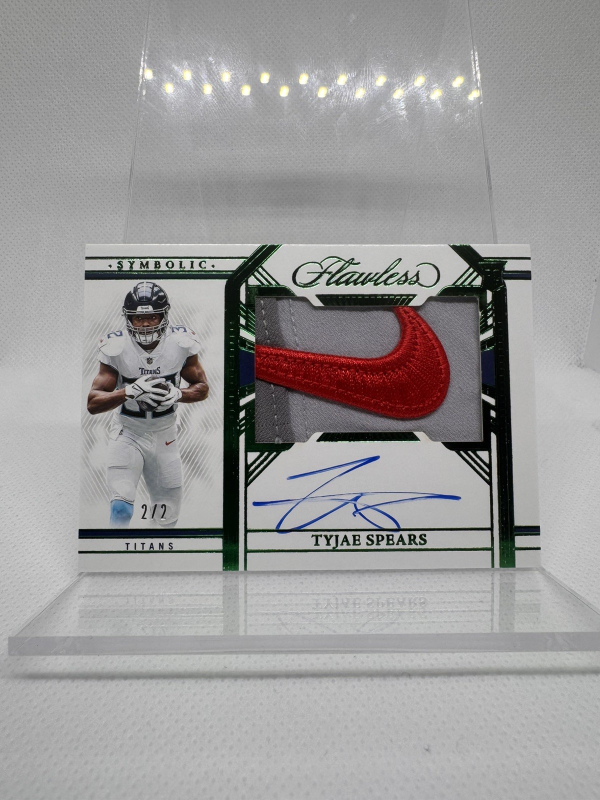 Tyjae Spears 2023 Panini Flawless Symbolic RC Nike Logo Patch Auto 2/2 Titans