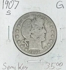 1907-S BARBER SILVER HALF DOLLAR  ~ GOOD  SEMI KEY DATE ~ NICE COIN ~ 90% SILVER