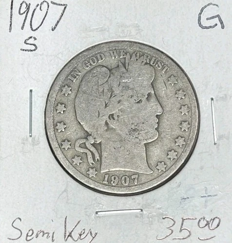 1907-S BARBER SILVER HALF DOLLAR  ~ GOOD  SEMI KEY DATE ~ NICE COIN ~ 90% SILVER