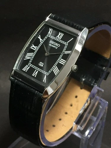 Vintage Seiko Slim Tank Quartz Men Black Dial Dress Watch-Free DDP Shipping