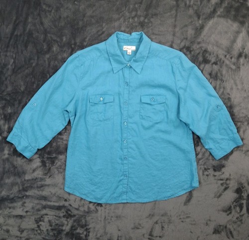 Kim Rogers Womens L Blue Linen Shirt Button Front 3/4 Sleeve Pockets Casual Top