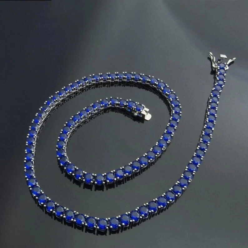 25Ct Round Lab Created Blue Sapphire Tennis Necklace 14k White Gold Plated 18” - Image 3 of 4