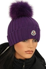 NEW MONCLER DARK PURPLE  WOOL POM POM  BEANIE LOGO HAT ONE SIZE RFID CODE