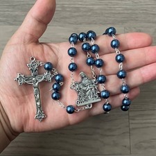 Sapphire Blue Pieta Centerpiece Rosary Italy by Creed Glass Bead Silver Italia