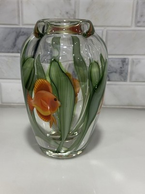 SCOTT BEYERS RED FISH TORCHWORK STUDIO ART GLASS PAPERWEIGHT VASE