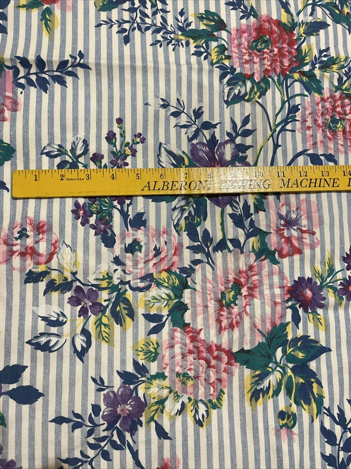 Joan Kessler Floral Stripe Cotton Denim Heavy Fabric Cottagecore Concord 104x60” - Image 2 of 4