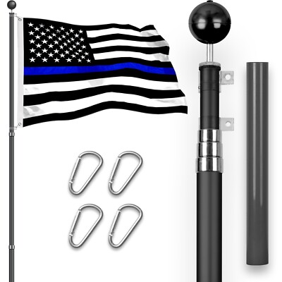 Combo: 16Ft Telescoping Flagpole Black & Thin Blue Line Flag 3x5Ft Emb SpunPoly