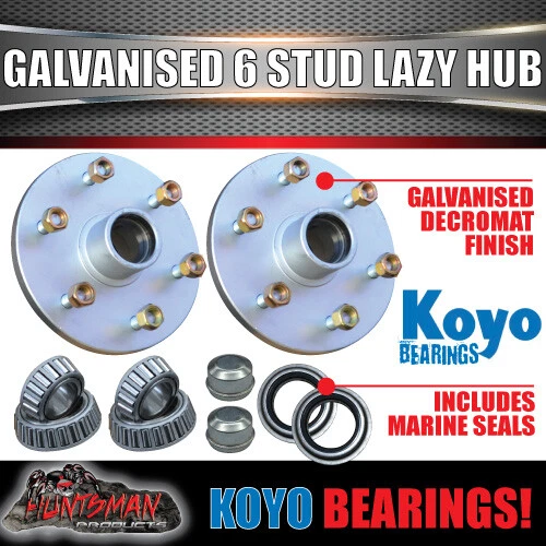 2x Galvanised Dacromet 6 stud Trailer Lazy Hubs & LM Japanese Koyo bearing kits - Picture 1 of 5