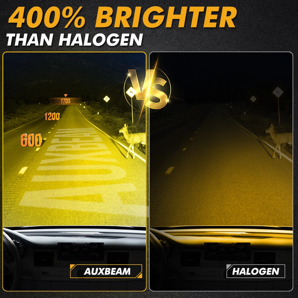 AUXBEAM 9005 HB3 LED Headlight High Beam 25000LM Bright 3000K Yellow Wireless 2x - Image 4 of 4