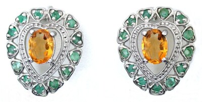 Oval Citrin Edelstein rund Smaragd Akzent Hebelverschluss Sterlingsilber Ohrringe PSE85