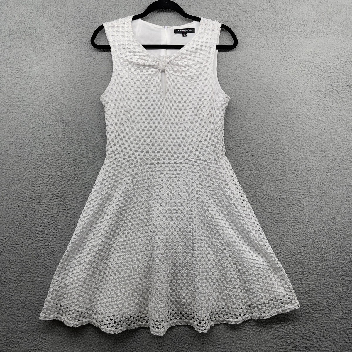 sharagano white lace dress OZANA LACE DRESS WITH GROSGRAIN APPLIQUE IN SUGAR 0 / SUGAR