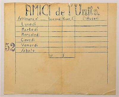 AMICI DE L'UNITA' - Militant dissemination report sheet - 1950s