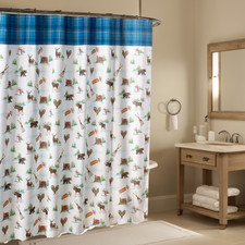 Winter Shower Curtain with Snowman and Rustic Wildlife Print, Blue Plaid Border