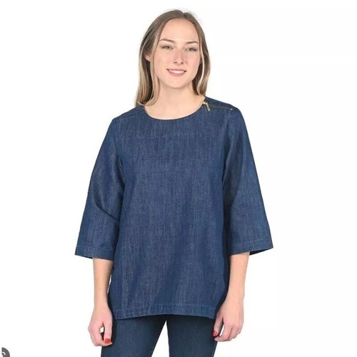 Martha Stewart Everyday sz:S Womens 3/4 Sleeve Denim Tunic Zip Cotton Blouse Top - Picture 2 of 8