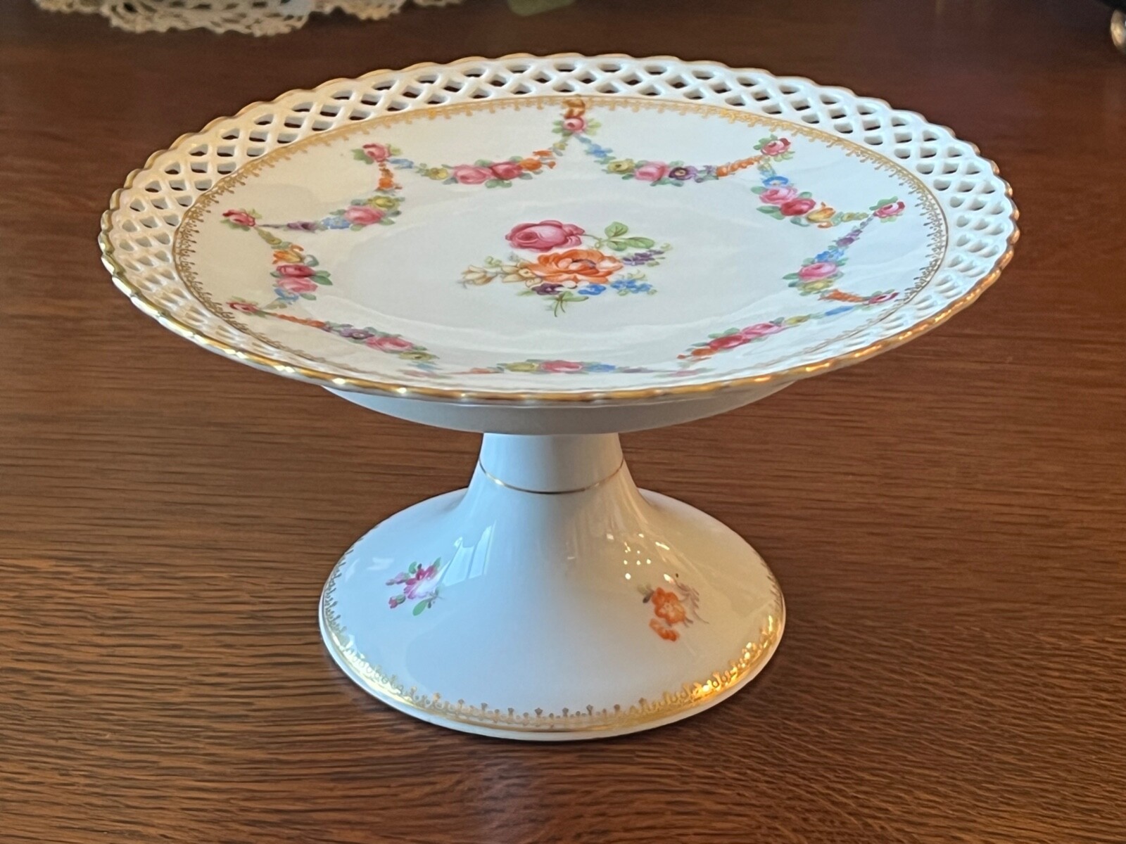 Schumann Porcelain Pierced Pedestal Footed Plate Compote Floral Bavaria Dresden