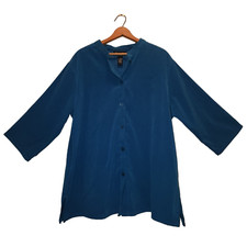 Denim & Co Button Down Shirt Jacket Womens Size 1x Peacock Blue 3/4 Sleeve Slit