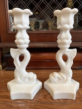 Westmoreland Milk Glass Dolphin Candle Holder Candlestick Vintage PAIR