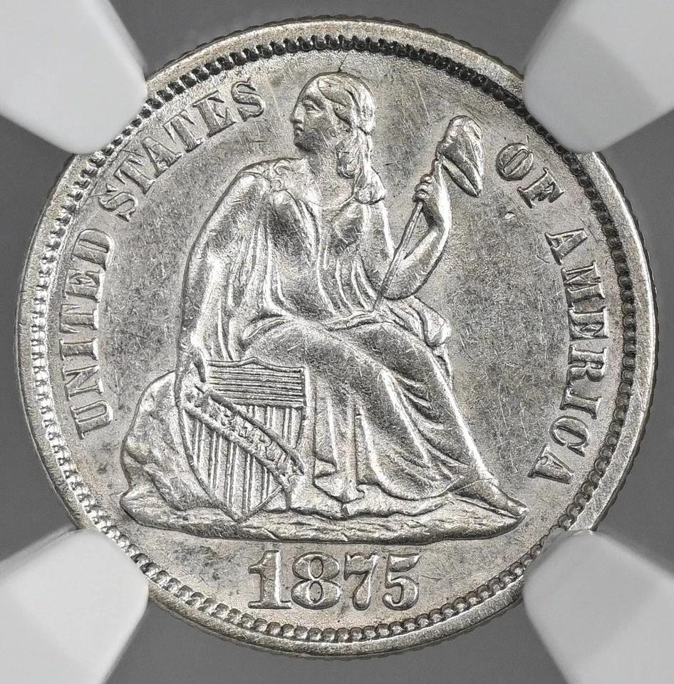 Moneda de diez centavos libertad sentada 1875-CC 10C PLATA "CARSON CITY" por encima de NGC MS60 #8407215-001 Foto 4 de 4